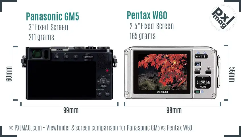 Panasonic GM5 vs Pentax W60 Screen and Viewfinder comparison