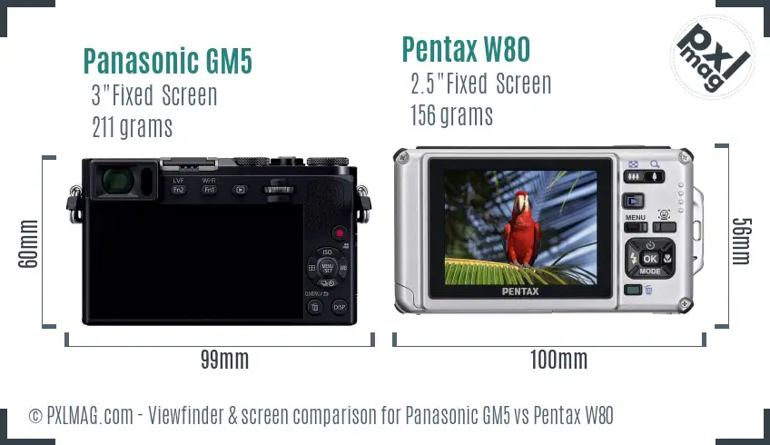 Panasonic GM5 vs Pentax W80 Screen and Viewfinder comparison