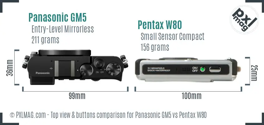 Panasonic GM5 vs Pentax W80 top view buttons comparison
