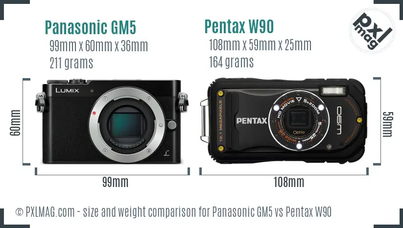 Panasonic GM5 vs Pentax W90 size comparison