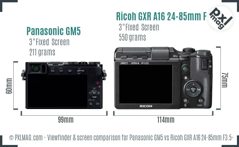 Panasonic GM5 vs Ricoh GXR A16 24-85mm F3.5-5.5 Screen and Viewfinder comparison
