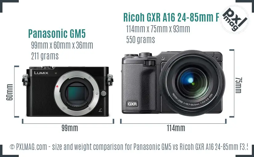 Panasonic GM5 vs Ricoh GXR A16 24-85mm F3.5-5.5 size comparison
