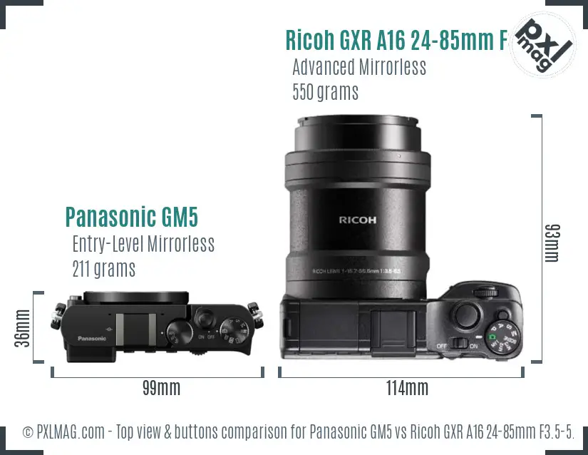 Panasonic GM5 vs Ricoh GXR A16 24-85mm F3.5-5.5 top view buttons comparison