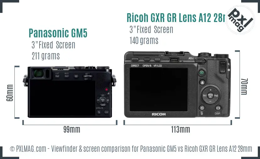 Panasonic GM5 vs Ricoh GXR GR Lens A12 28mm F2.5 Screen and Viewfinder comparison