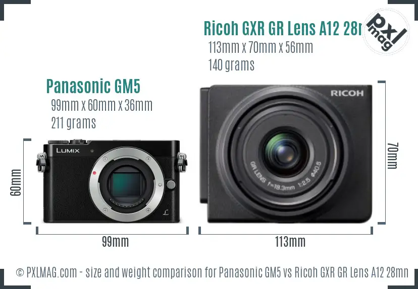 Panasonic GM5 vs Ricoh GXR GR Lens A12 28mm F2.5 size comparison