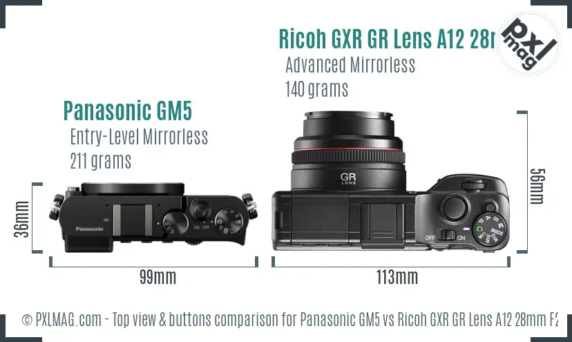 Panasonic GM5 vs Ricoh GXR GR Lens A12 28mm F2.5 top view buttons comparison