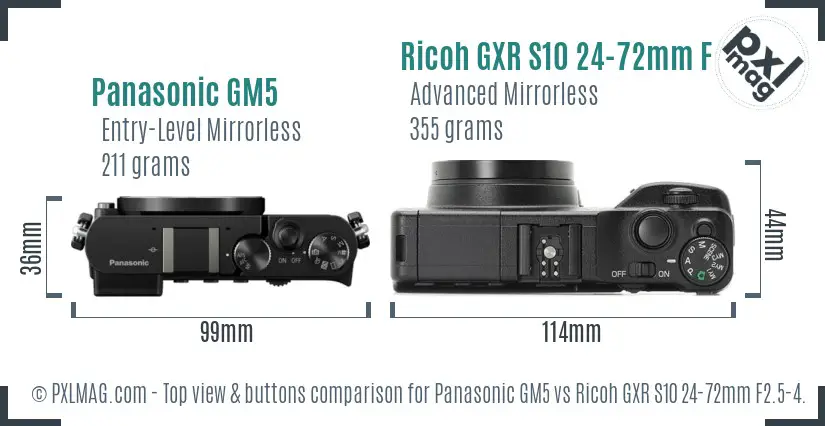 Panasonic GM5 vs Ricoh GXR S10 24-72mm F2.5-4.4 VC top view buttons comparison