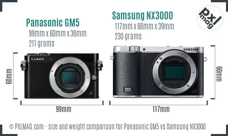 Panasonic GM5 vs Samsung NX3000 size comparison