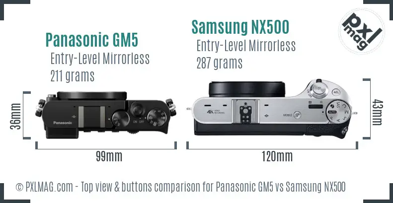 Panasonic GM5 vs Samsung NX500 top view buttons comparison