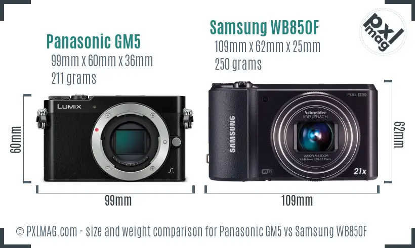 Panasonic GM5 vs Samsung WB850F size comparison