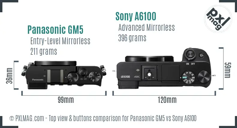 Panasonic GM5 vs Sony A6100 top view buttons comparison Panasonic GM5 vs Sony A6100 top view buttons comparison