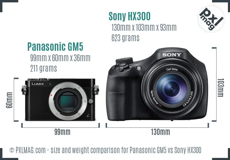 Panasonic GM5 vs Sony HX300 size comparison