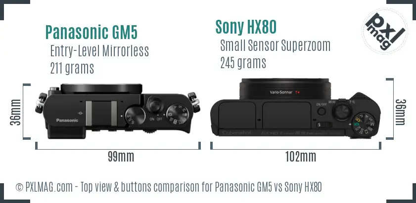 Panasonic GM5 vs Sony HX80 top view buttons comparison Panasonic GM5 vs Sony HX80 top view buttons comparison