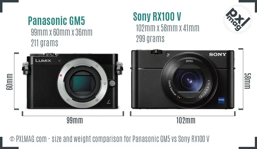 Panasonic GM5 vs Sony RX100 V size comparison