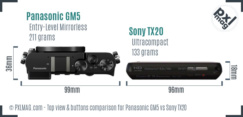 Panasonic GM5 vs Sony TX20 top view buttons comparison