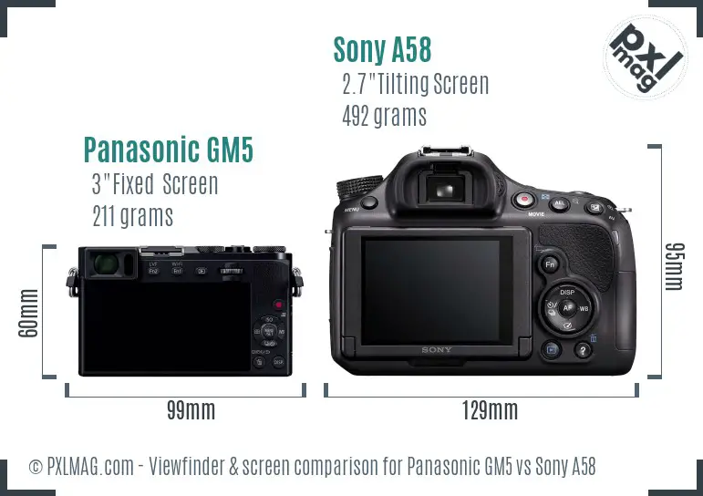 Panasonic GM5 vs Sony A58 Screen and Viewfinder comparison