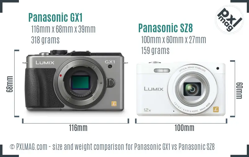 Panasonic GX1 vs Panasonic SZ8 size comparison
