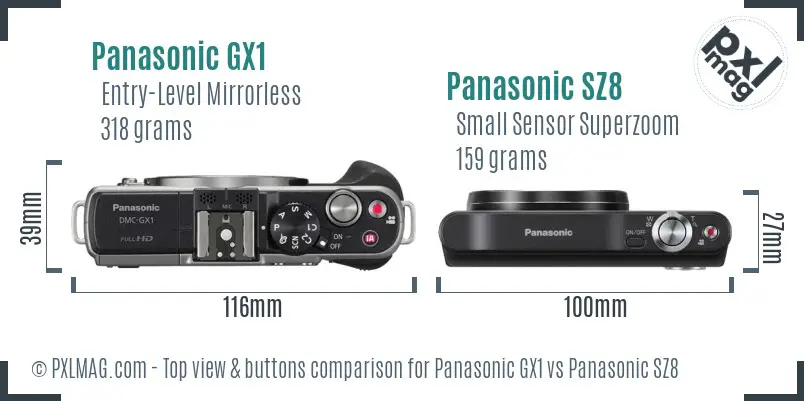 Panasonic GX1 vs Panasonic SZ8 top view buttons comparison
