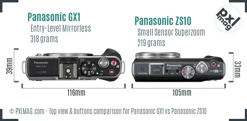 Panasonic GX1 vs Panasonic ZS10 top view buttons comparison