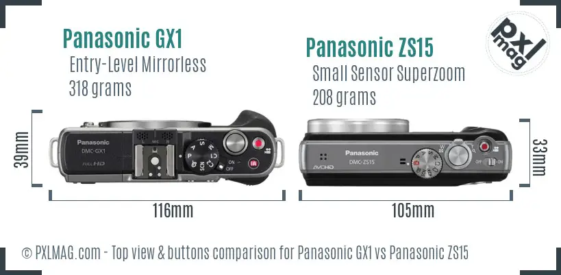 Panasonic GX1 vs Panasonic ZS15 top view buttons comparison