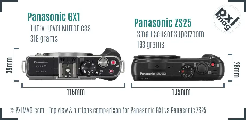 Panasonic GX1 vs Panasonic ZS25 top view buttons comparison