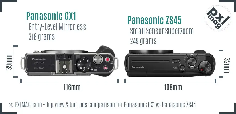 Panasonic GX1 vs Panasonic ZS45 top view buttons comparison