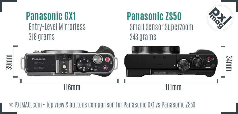 Panasonic GX1 vs Panasonic ZS50 top view buttons comparison