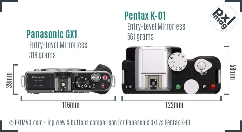 Panasonic GX1 vs Pentax K-01 top view buttons comparison