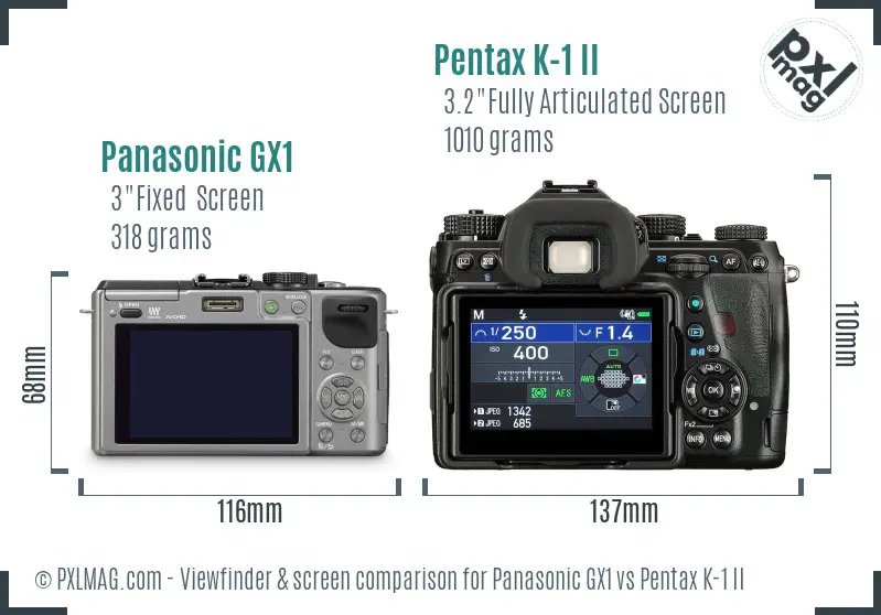 Panasonic GX1 vs Pentax K-1 II Screen and Viewfinder comparison