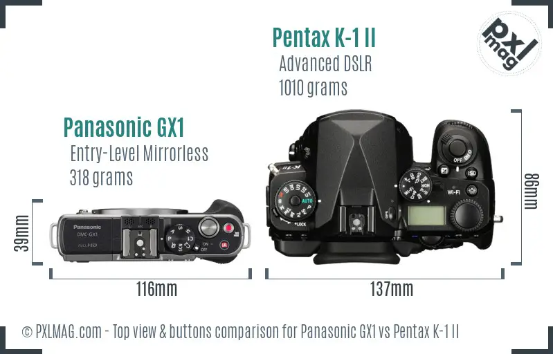Panasonic GX1 vs Pentax K-1 II top view buttons comparison