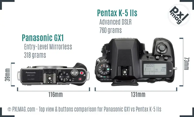Panasonic GX1 vs Pentax K-5 IIs top view buttons comparison
