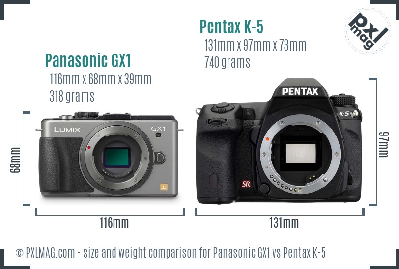 Panasonic GX1 vs Pentax K-5 size comparison