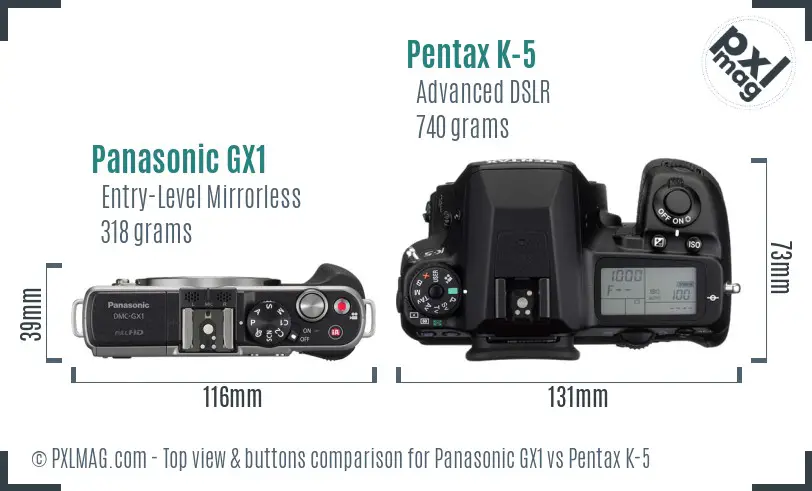 Panasonic GX1 vs Pentax K-5 top view buttons comparison