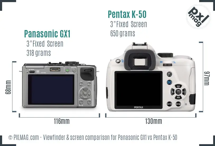 Panasonic GX1 vs Pentax K-50 Screen and Viewfinder comparison