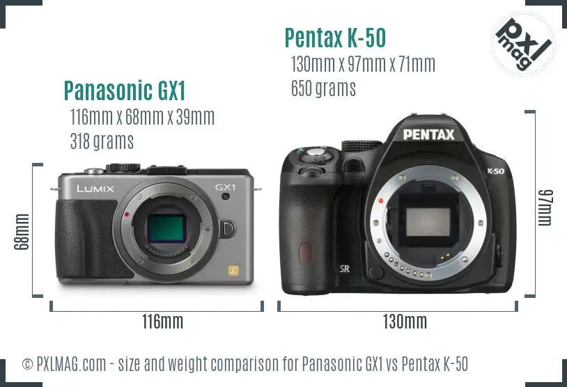 Panasonic GX1 vs Pentax K-50 size comparison