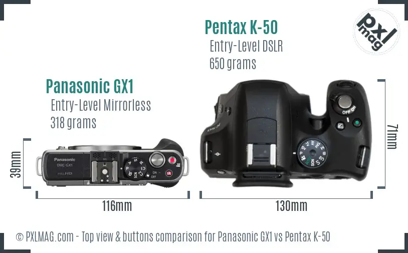 Panasonic GX1 vs Pentax K-50 top view buttons comparison