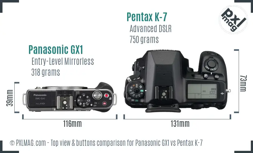 Panasonic GX1 vs Pentax K-7 top view buttons comparison