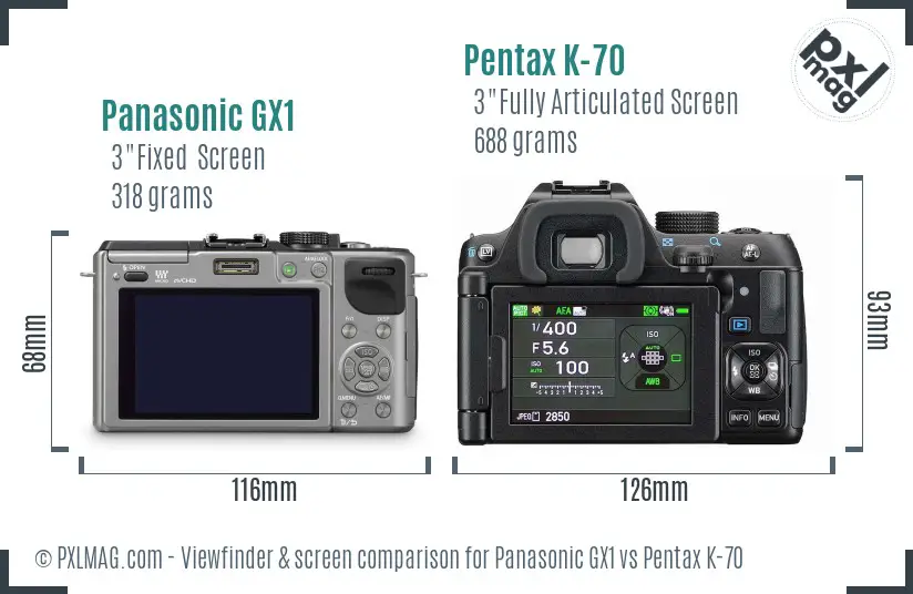 Panasonic GX1 vs Pentax K-70 Screen and Viewfinder comparison