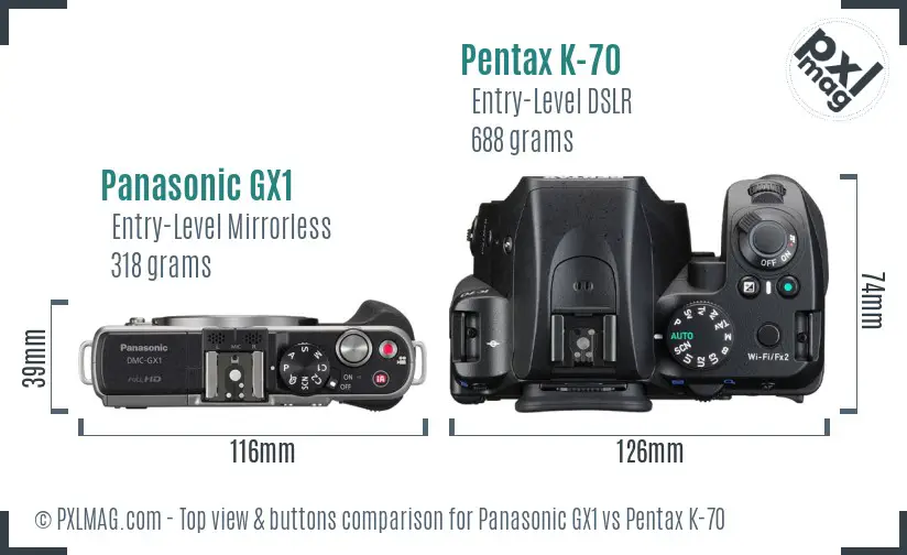 Panasonic GX1 vs Pentax K-70 top view buttons comparison