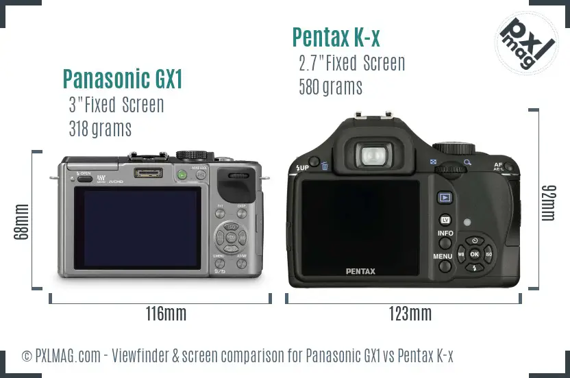 Panasonic GX1 vs Pentax K-x Screen and Viewfinder comparison