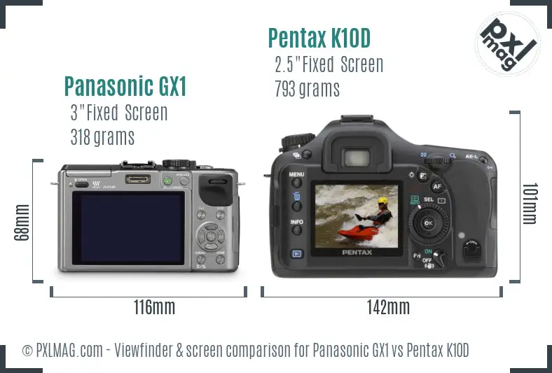 Panasonic GX1 vs Pentax K10D Screen and Viewfinder comparison