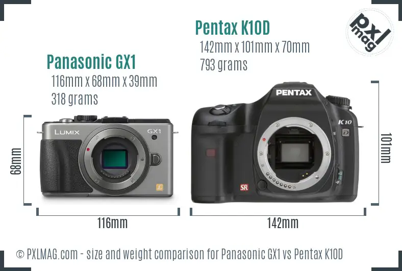 Panasonic GX1 vs Pentax K10D size comparison