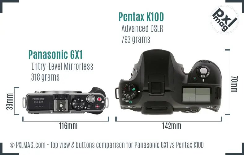 Panasonic GX1 vs Pentax K10D top view buttons comparison