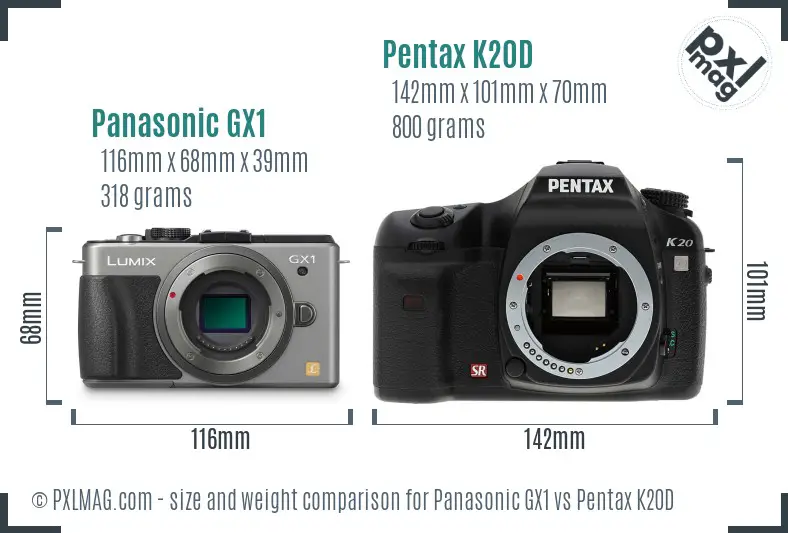 Panasonic GX1 vs Pentax K20D size comparison