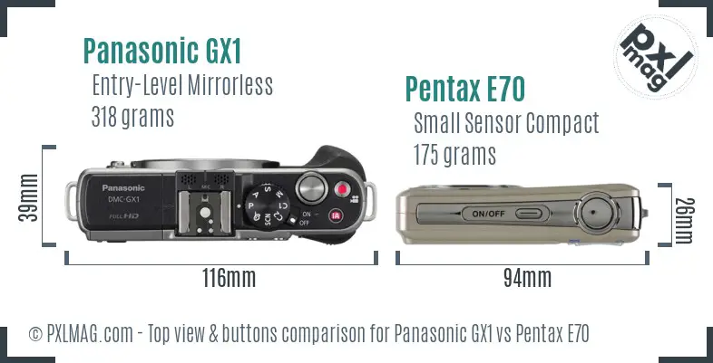 Panasonic GX1 vs Pentax E70 top view buttons comparison