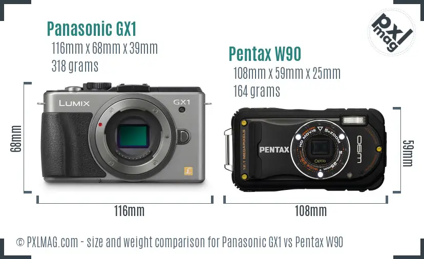 Panasonic GX1 vs Pentax W90 size comparison
