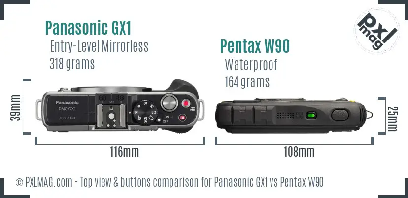 Panasonic GX1 vs Pentax W90 top view buttons comparison