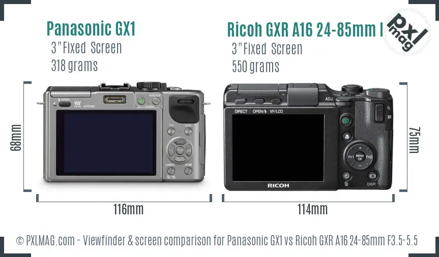 Panasonic GX1 vs Ricoh GXR A16 24-85mm F3.5-5.5 Screen and Viewfinder comparison Panasonic GX1 vs Ricoh GXR A16 24-85mm F3.5-5.5 Screen and Viewfinder comparison