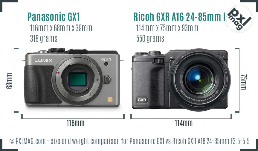 Panasonic GX1 vs Ricoh GXR A16 24-85mm F3.5-5.5 size comparison Panasonic GX1 vs Ricoh GXR A16 24-85mm F3.5-5.5 size comparison