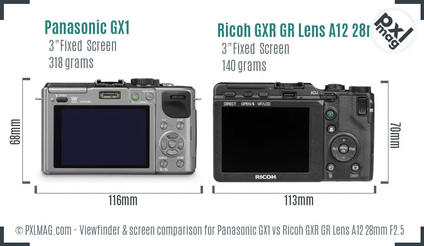 Panasonic GX1 vs Ricoh GXR GR Lens A12 28mm F2.5 Screen and Viewfinder comparison